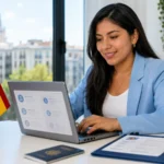Mujer peruana buscando trabajo en España desde una laptop