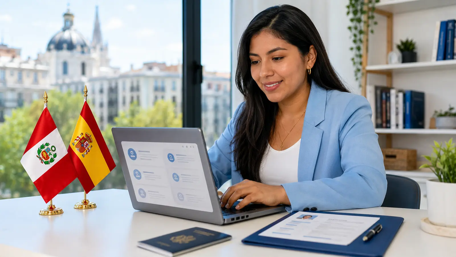 Mujer peruana buscando trabajo en España desde una laptop